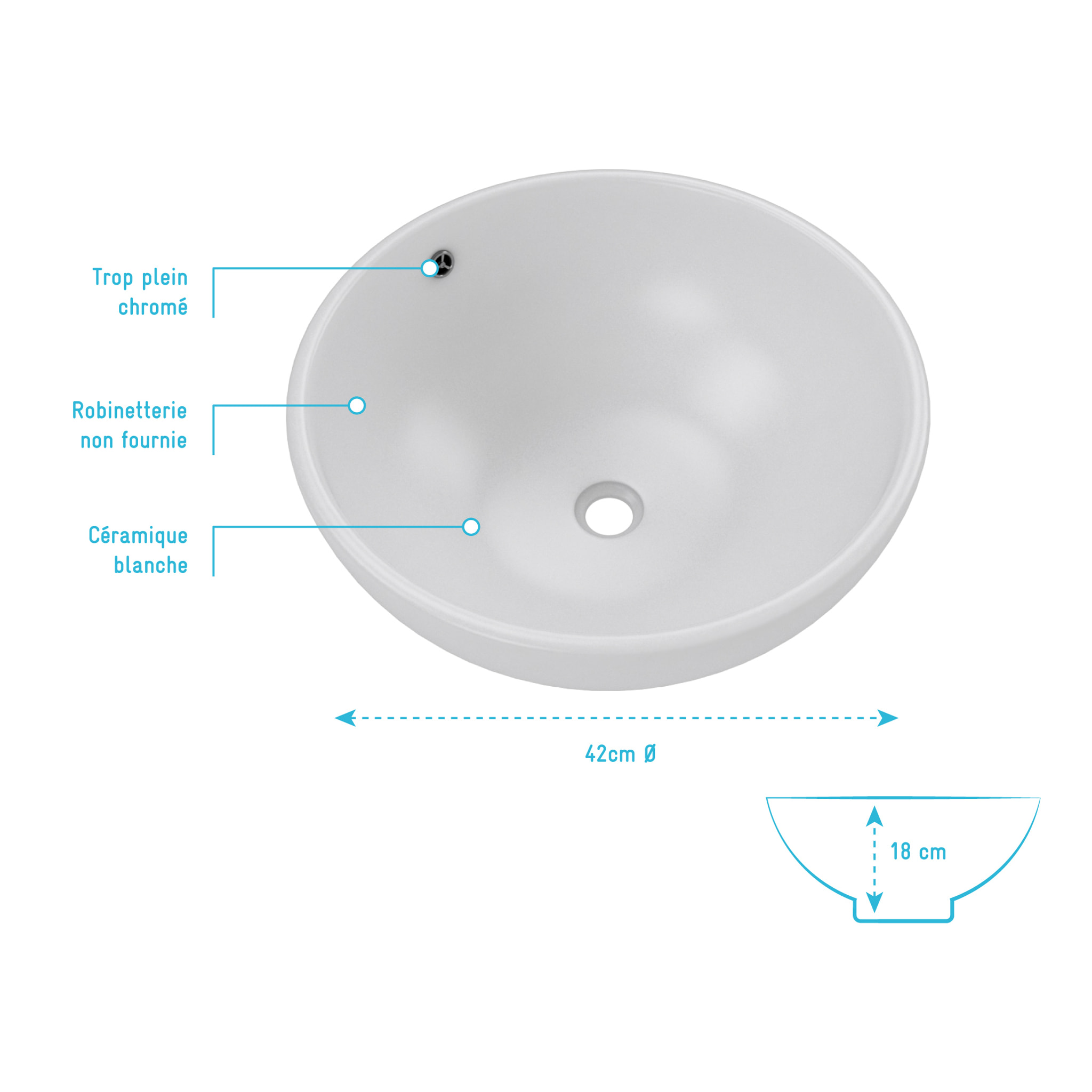 Vasque ronde en céramique blanche à poser - Diamètre 42cm - Hauteur 18cm - PARABOLA