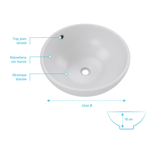 Vasque ronde en céramique blanche à poser - Diamètre 42cm - Hauteur 18cm - PARABOLA