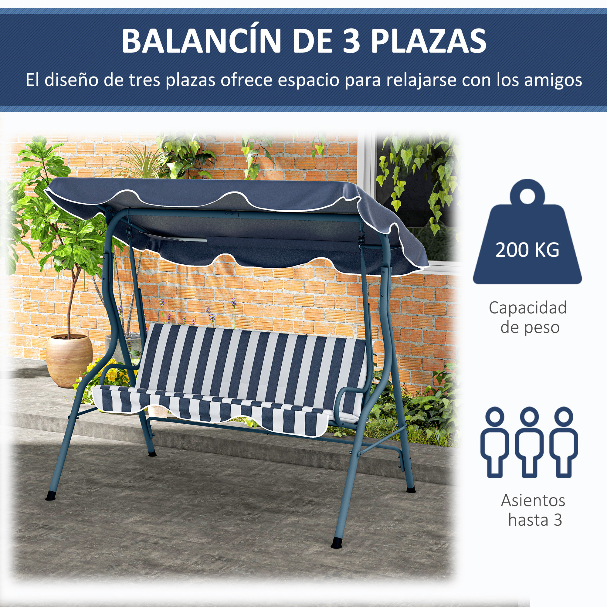 Columpio de Jardín de 2-3 Plazas Balancín de Exterior con Toldo Ajustable en Ángulo Impermeable y Marco de Acero para Patio Balcón 170x110x153 cm Azul