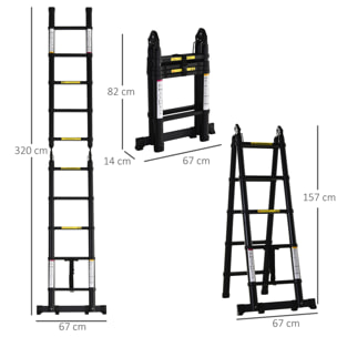 Escalera Telescópica Plagable Multifuncional Estable Marco en A Portátil de 10 Pasos 3 Formas Soporta 150 kg Aluminio 320x67x7 cm Negro