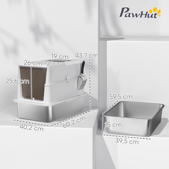 Maison de toilette bac à litière fermé acier inox - pelle, couvercle amovible, porte, anti-fuite - gris clair