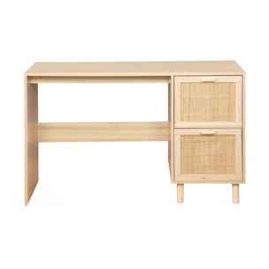 Bureau décor bois et cannage - Camargue - 120cm. 2 tiroirs