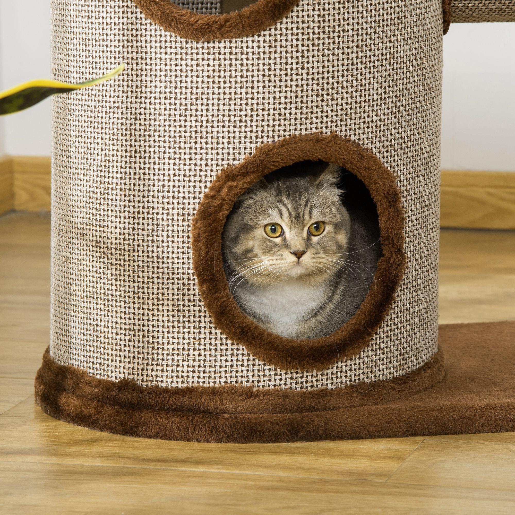 Árbol Rascador para Gatos Mediano Altura 104 cm Torre Escalador de Gato con Barril Rascador Cama Superior Túnel Postes de Sisal y Bola Colgante 75x39x104 cm Marrón