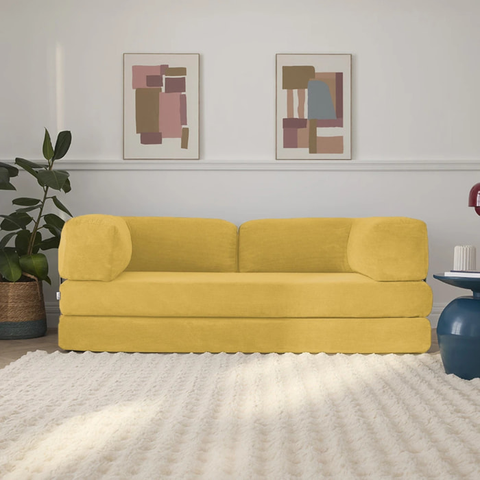 TRENDY - Canapé compressé 3 places modulable en velours côtelé jaune