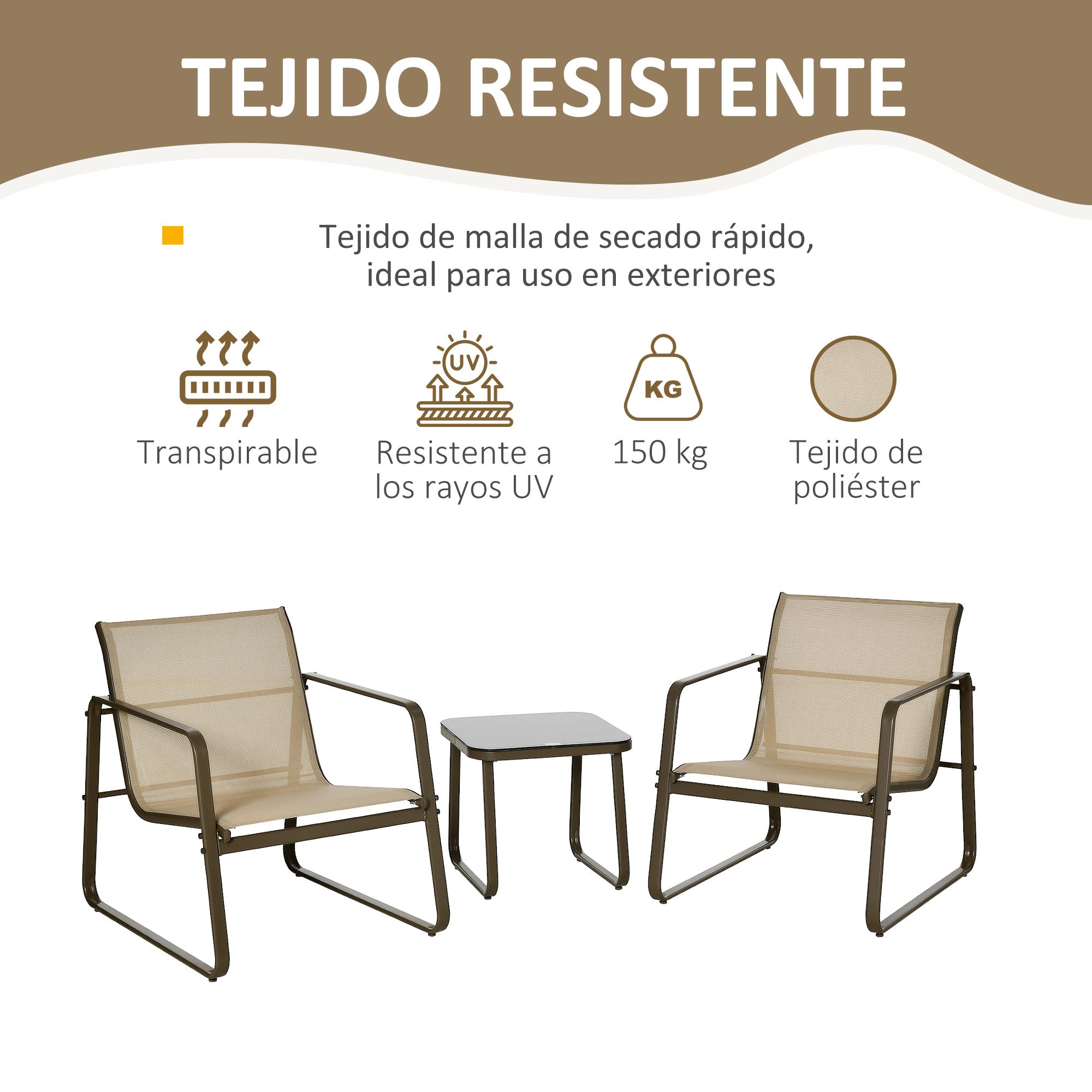 Outsunny Conjunto de Muebles de Jardín 3 Piezas Mesa de Vidrio Templado 43x43x41 cm y 2 Sillas 62x78x75 cm con Reposabrazos y Respaldo Transpirable para Terraza Balcón Caqui