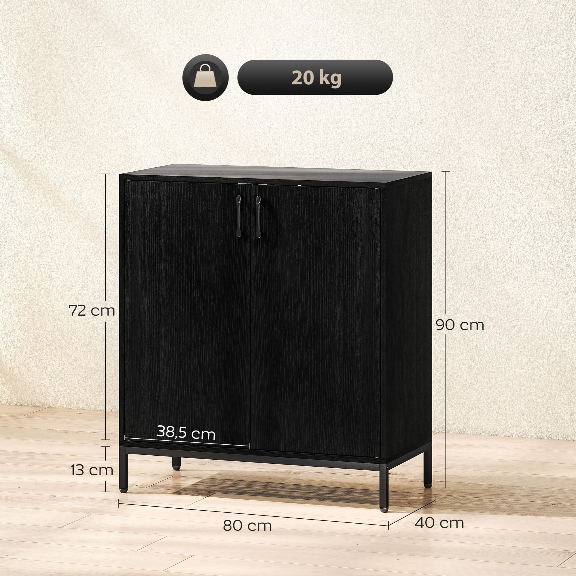Aparador para Salón con 2 Puertas, Aparador de Cocina Moderno, Estante Ajustable y Base Elevada, para Comedor, Pasillo, Dormitorio, 80x40x90 cm, Negro