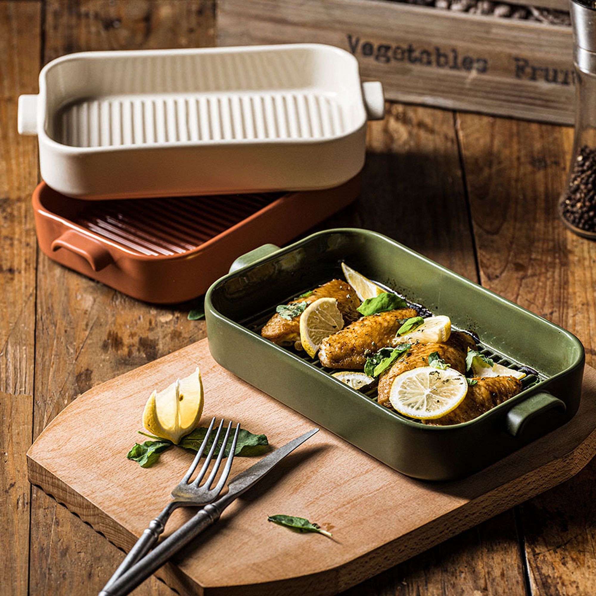 Plat à four grille en grès vert OCTAVE