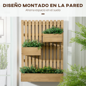 Jardinera de Pared con Enrejado Jardinera Vertical de Madera con 3 Macetas Móviles y Orificio de Drenaje para Jardín Terraza Patio 60x16x80 cm Natural