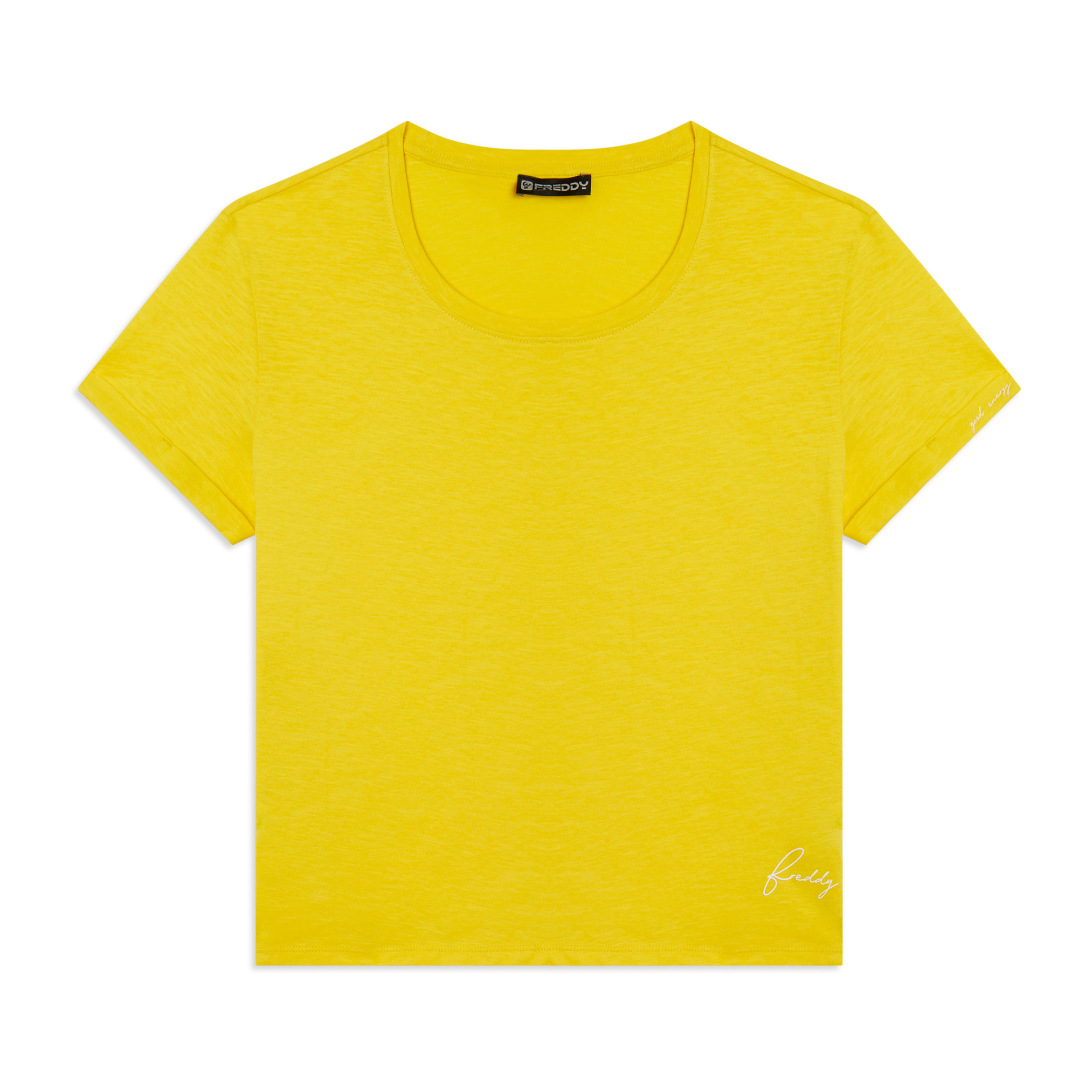 T-shirt cropped in jersey fiammato con risvolto sulle maniche