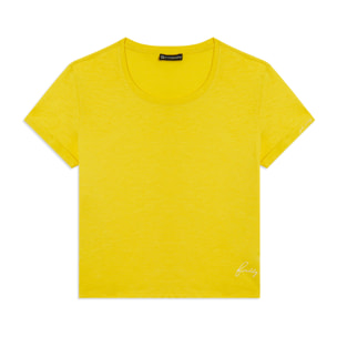T-shirt cropped in jersey fiammato con risvolto sulle maniche