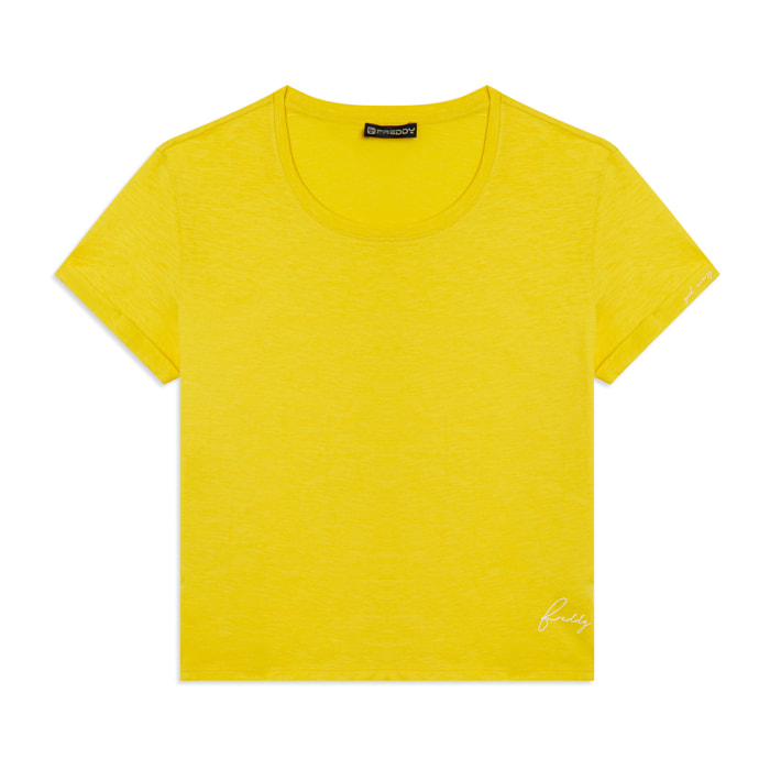 T-shirt cropped in jersey fiammato con risvolto sulle maniche