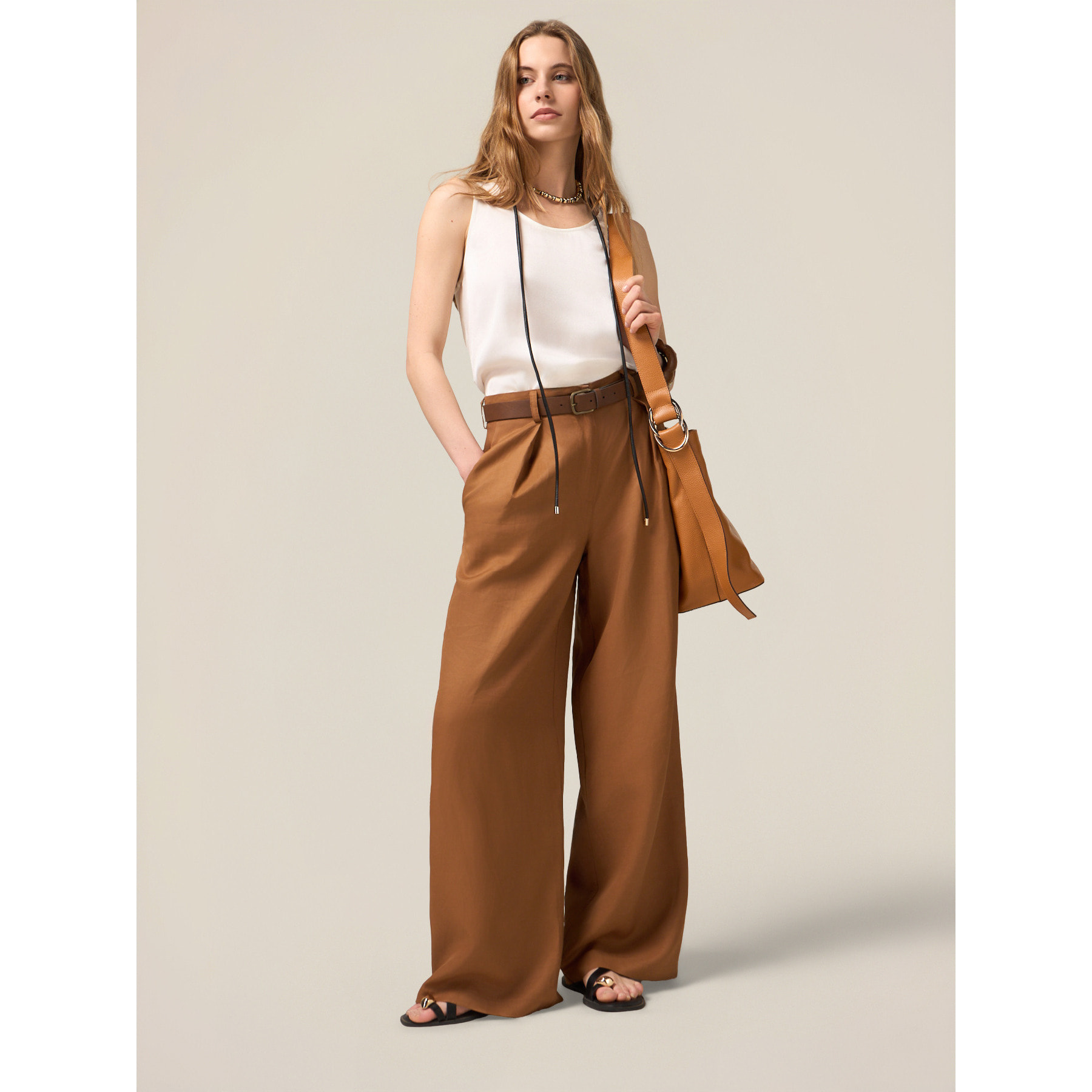 Oltre - Pantalones palazzo mezcla de lino - Marrón