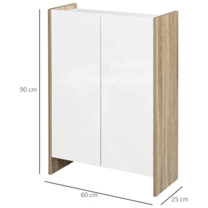 Armario de Almacenaje de 2 Puertas Mueble Auxiliar de Baño Multiusos con 2 Estantes para Cocina Salón Dormitorio 60x25x90 cm Acabado en Blanco Brillo