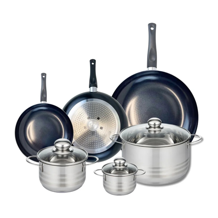 Ensemble de 3 Poêles de cuisson 20, 24 et 32 cm et 3 faitouts 12, 16 et 24 cm Elo Prima Brillant