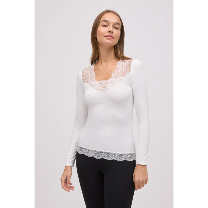 Maglietta termica con scollo a V e pizzo avorio
