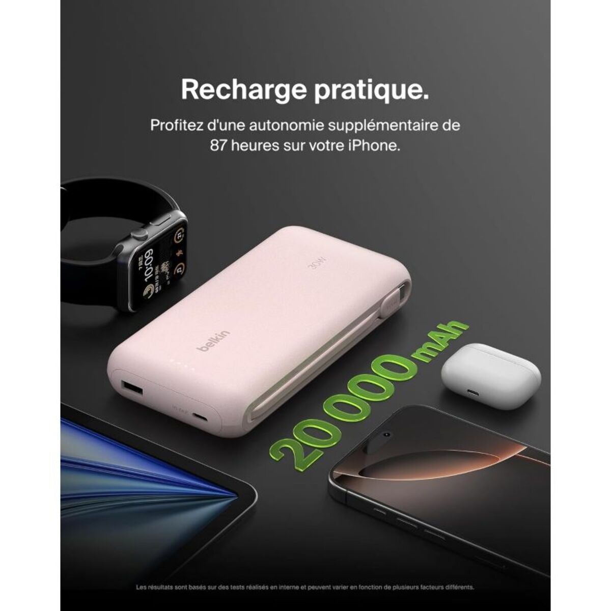 Batterie externe BELKIN 20000 mAh avec cable USB-C intégre pink