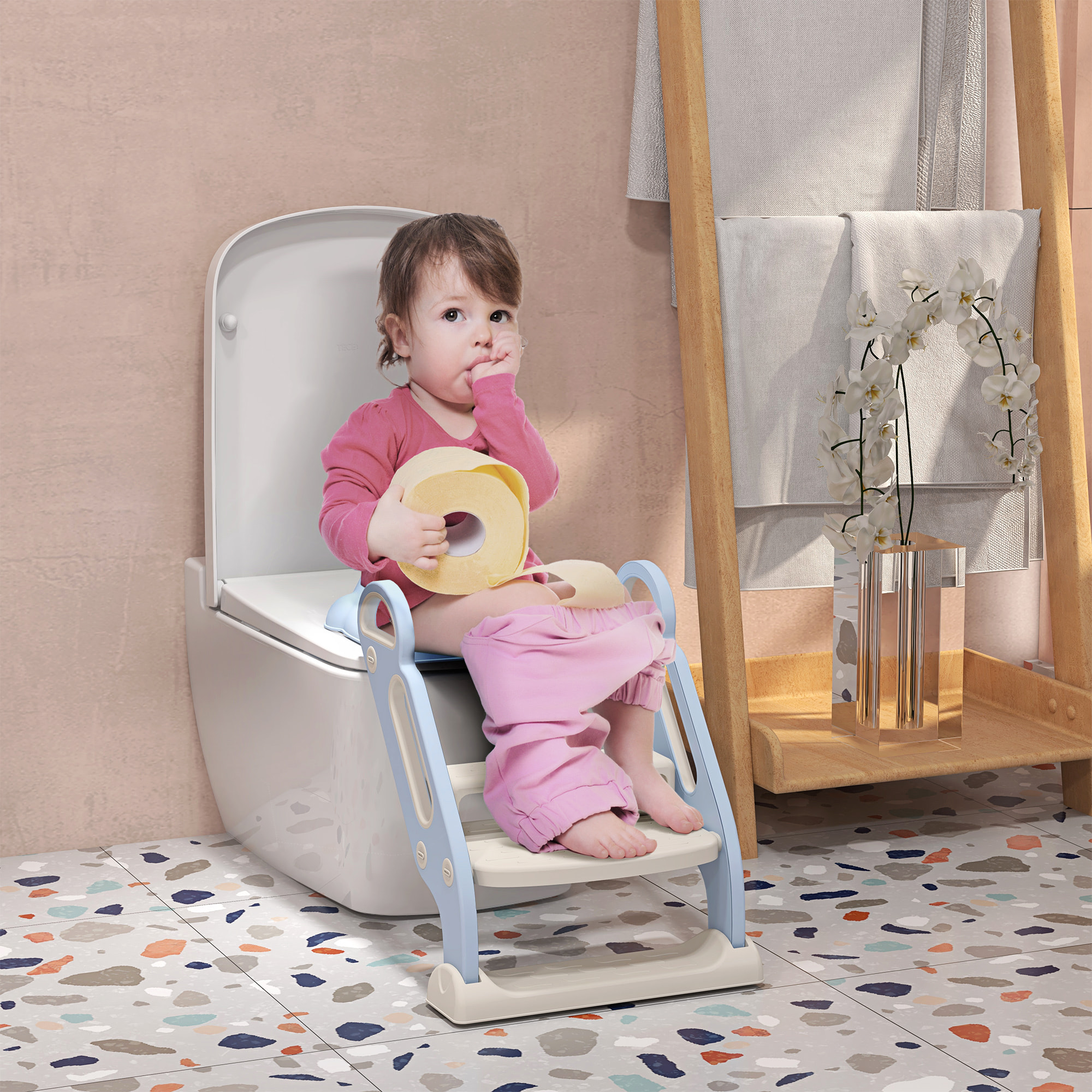 Adaptator WC para Niños con Escalera Plegable Reductor de Aprendizaje para Baño Asiento de Inodoro para Niños de 2-6 Años Portátil con Almohadillas Antideslizantes 67,9x42,8x51,5 cm Azul