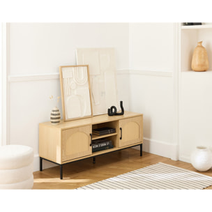 Nagato - meuble tv - cannage et effet bois - 2 portes et 2 niches - 120 cm - Bois / Noir