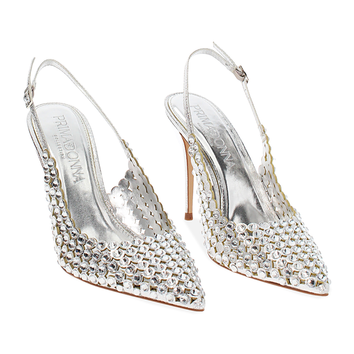 Décolleté slingback donna argento con pietre, tacco 10 cm