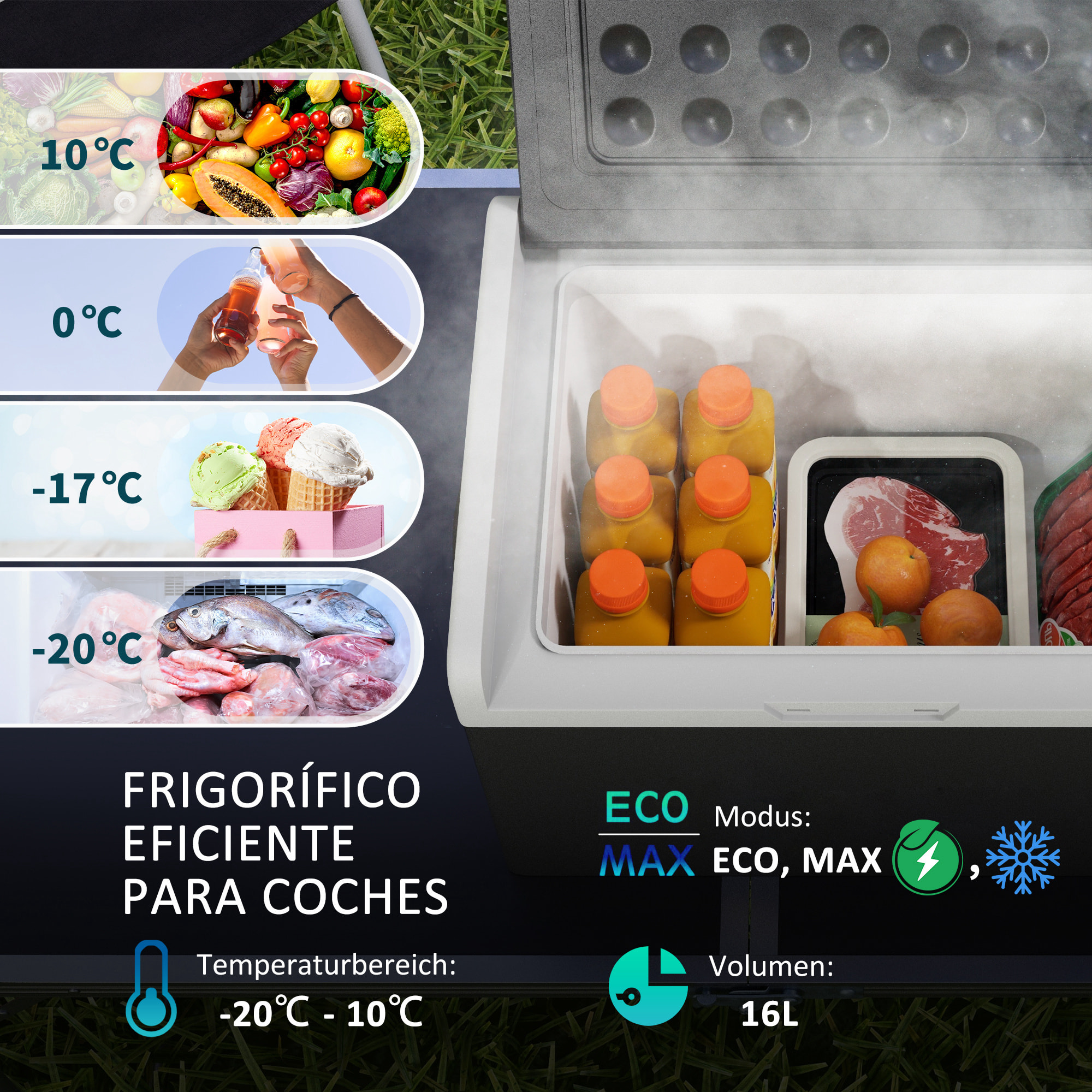 Nevera Compresor Portátil 16L Refrigerador de Coche -20℃-10℃ 12 / 24V DC y 100-240V CA con Modos ECO/MAX para Camping Viajes 60x32x26 cm Negro y Gris