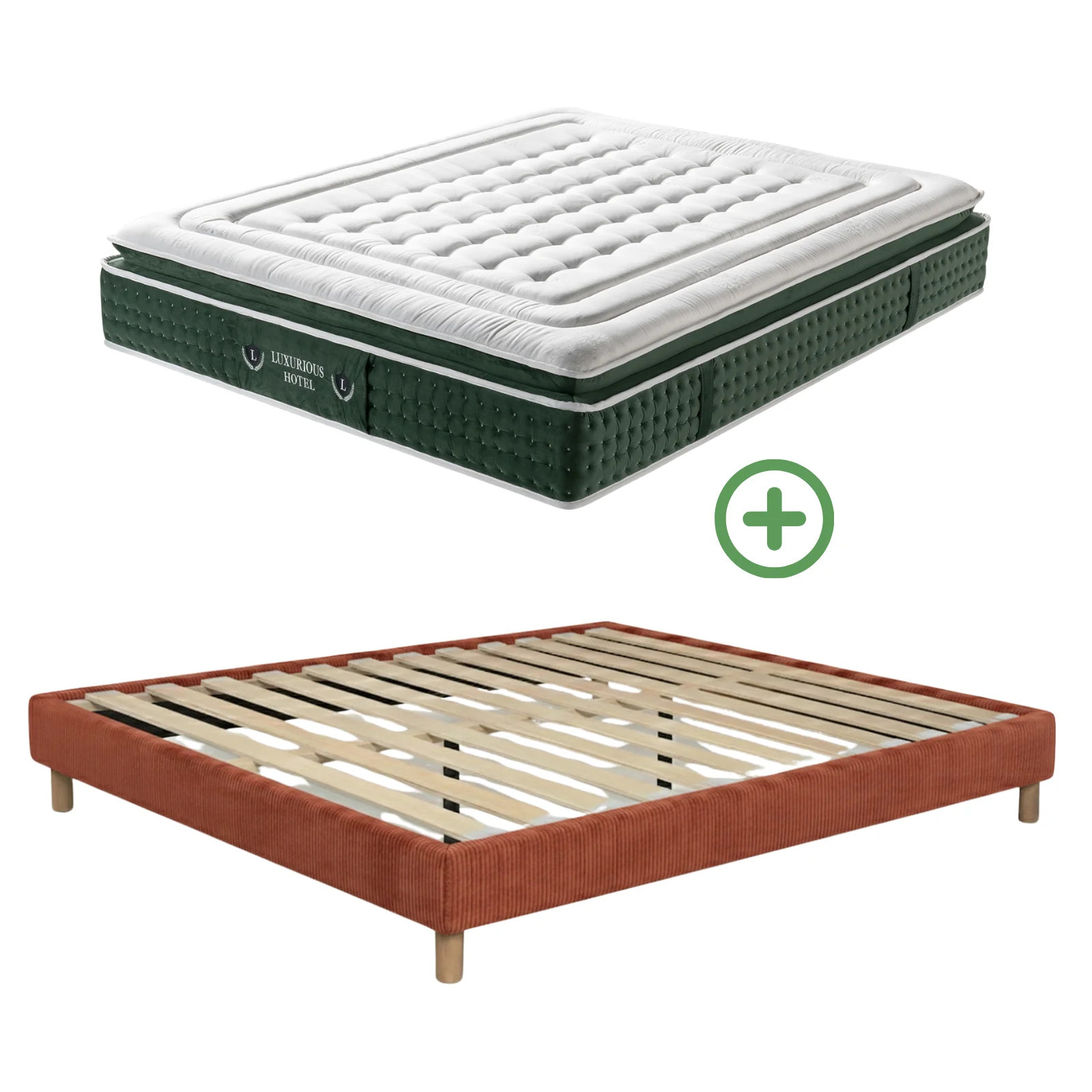 Ensemble matelas Jade & sommier Cancun | Mémoire de forme et ressorts ensachés | Cadre à lattes | Velours côtelé | Terracotta