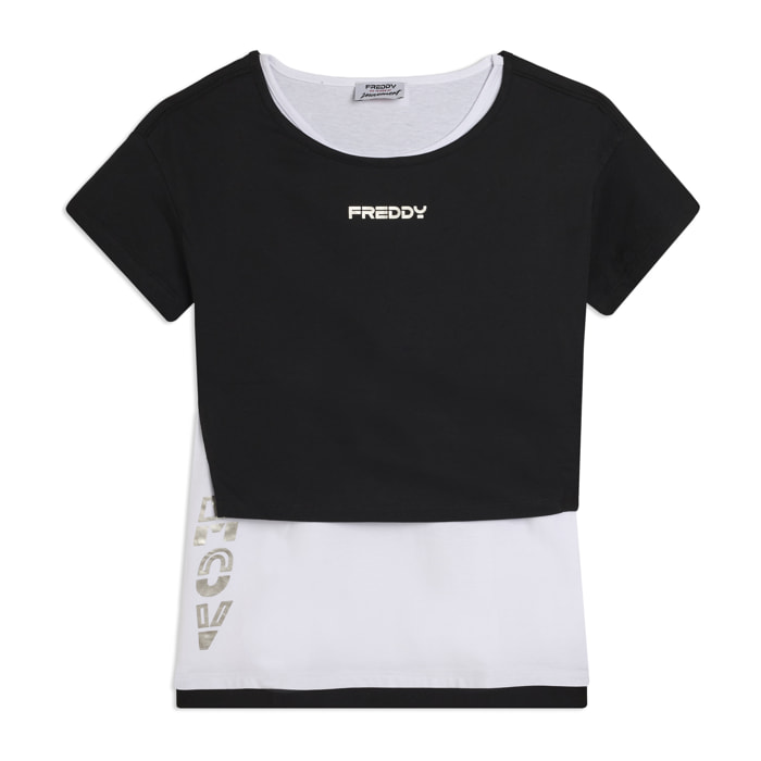 Completo t-shirt cropped e canotta con stampa perlata