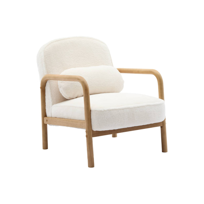 Fauteuil scandinave arrondi bois d'hévéa et tissu effet fausse fourrure
