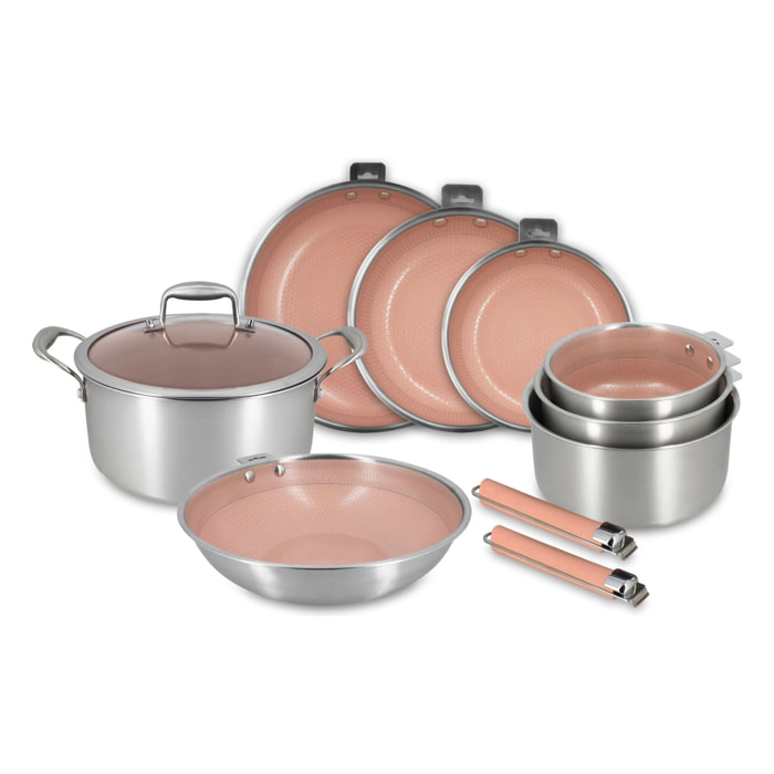 Batterie de cuisine 10 pièces en acier inoxydable rose AGLAE