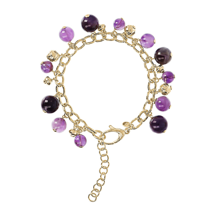 Bracciale in Argento 925 Placcato Oro Giallo 18kt con Ciondoli Sfere Martellate e in Pietra Naturale Ametista Viola