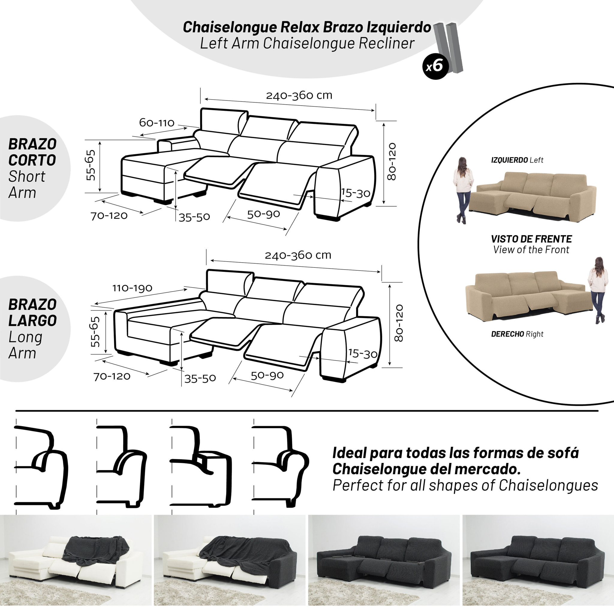 Funda para Chaise Longue izquierda (visto de frente ) brazo corto SÚPER ELÁSTICA con RELAX modelo HELENA