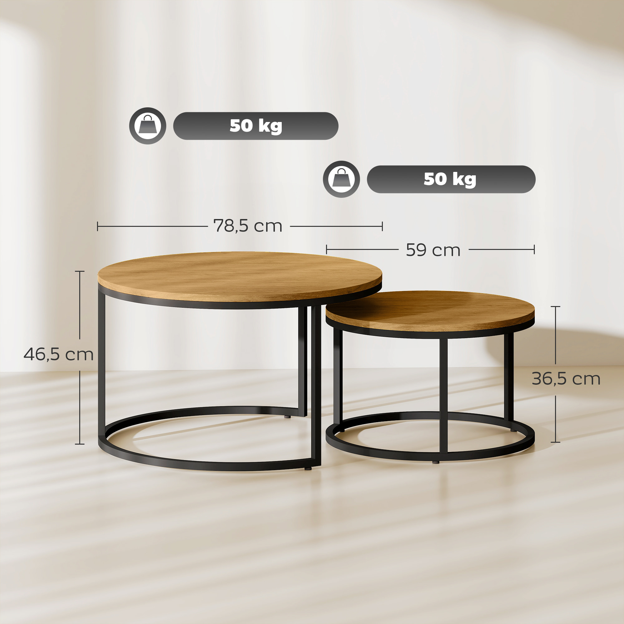 Lot de 2 tables basses rondes gigognes empilables piètement acier plateau effet bois chêne moyen