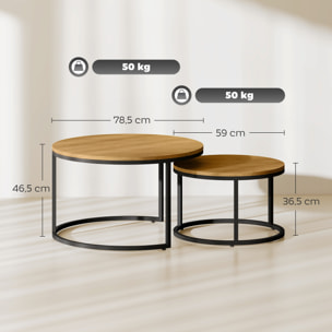 Lot de 2 tables basses rondes gigognes empilables piètement acier plateau effet bois chêne moyen