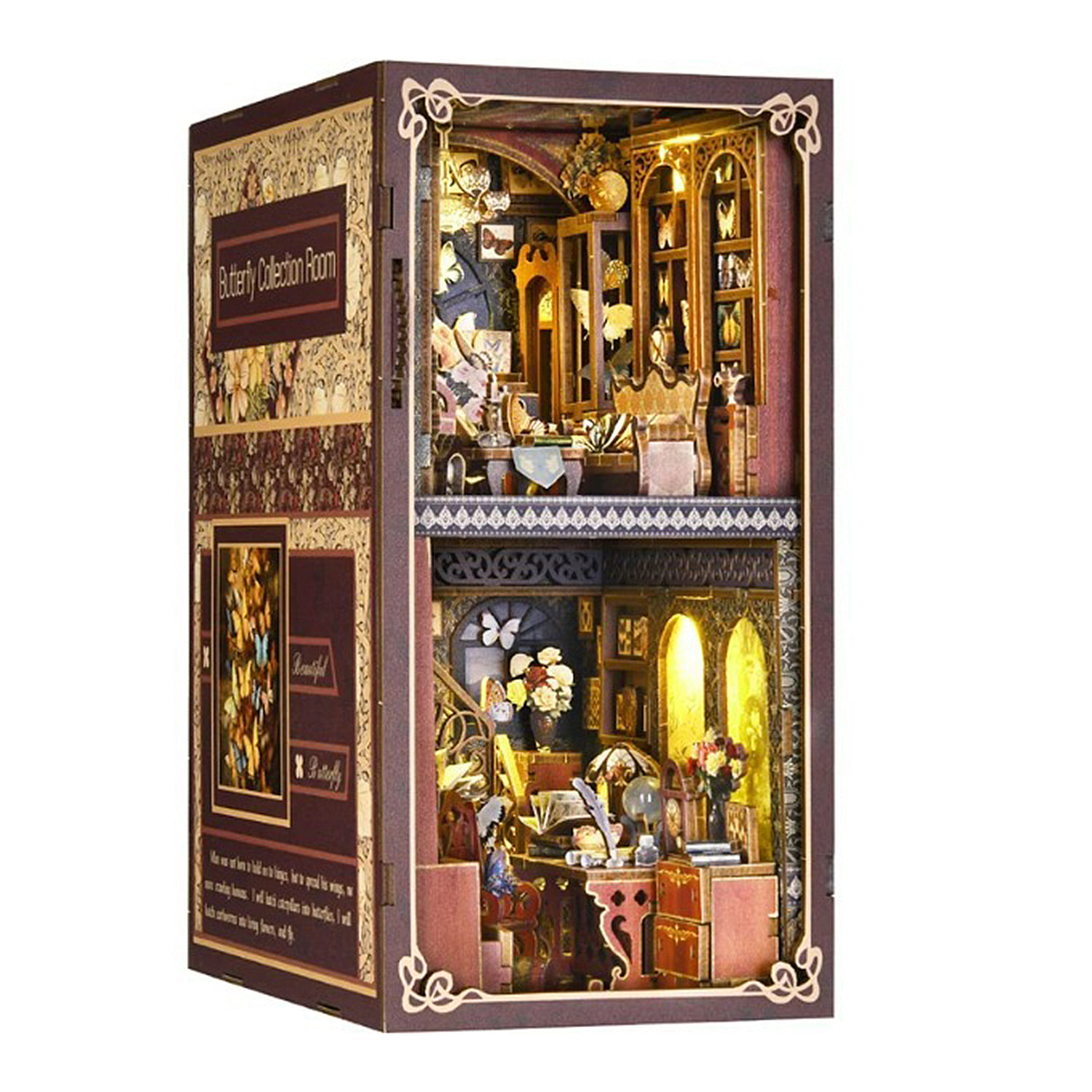 Colección de Mariposas. Book Nook de madera, diseño 3D realista con gran detalle, cubierta y luces led.