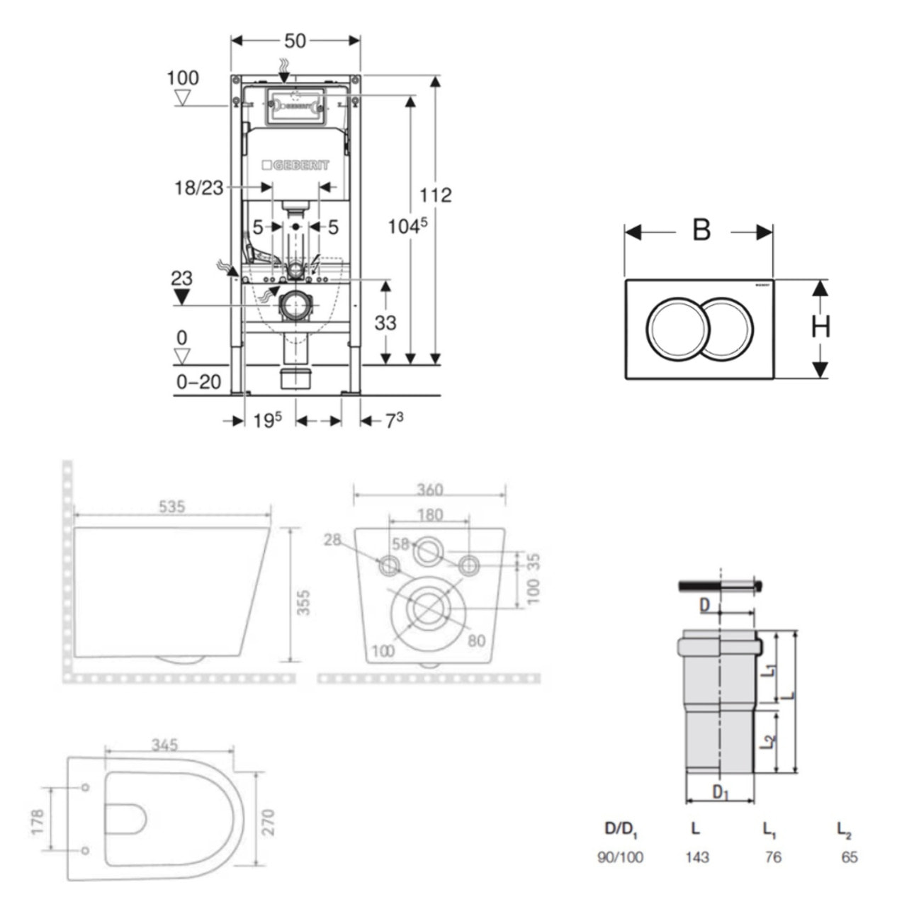 Duofix pack WC bâti-support 112 cm + WC suspendu sans bride Ceramia avec abattant SoftClose + plaque (GEBCE14WT01FR-VP)