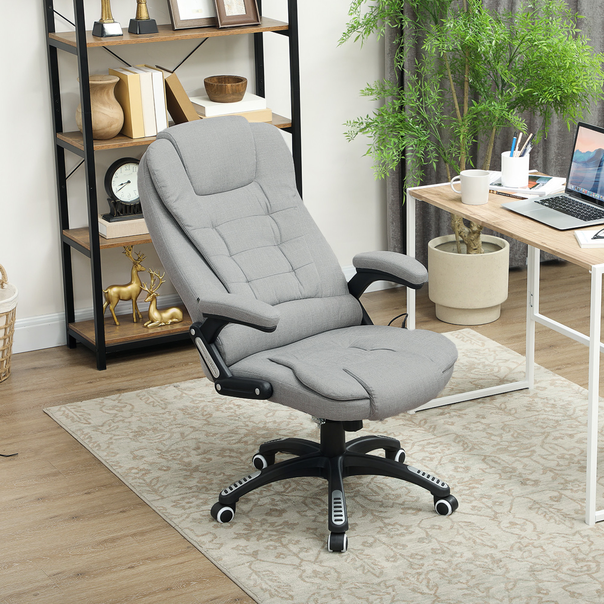 Fauteuil de bureau direction massant chauffant hauteur réglable dossier inclinable toile de lin gris clair