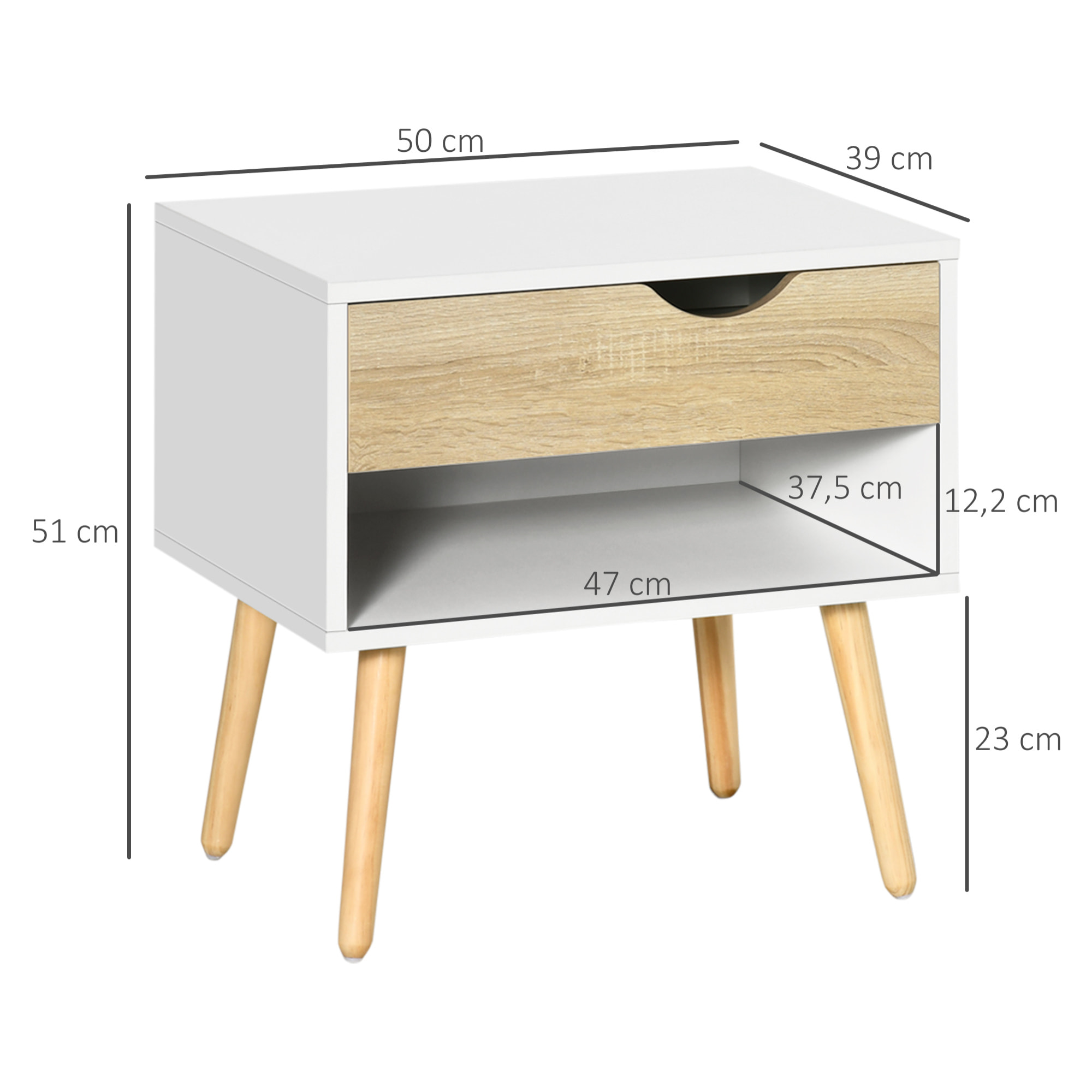 Set de 2 Mesitas de Noche Mesa Auxiliar con 1 Cajón y Estante 50x39x51 cm Blanco