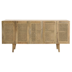 ISA - Buffet marron 5 portes bois de manguier et cannage couleur naturelle