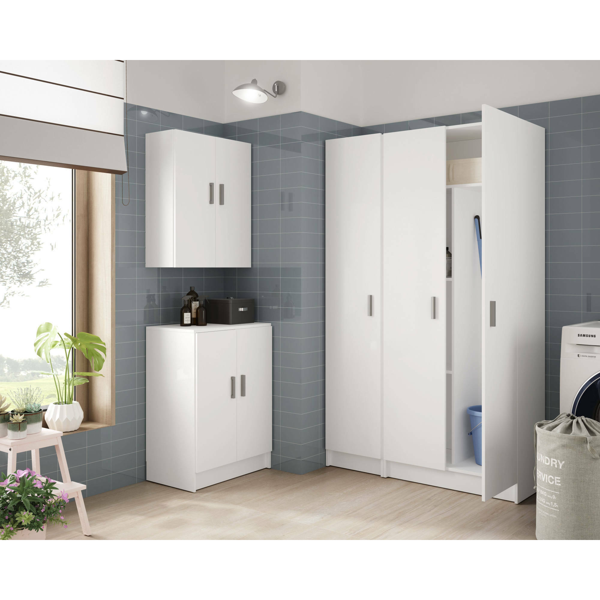 Armadio multiuso 2 ante Pan, Mobile ausiliario basso, Porta scarpe a 1 ripiano, Armadietto multifunzione, 59x37h80 cm, Bianco