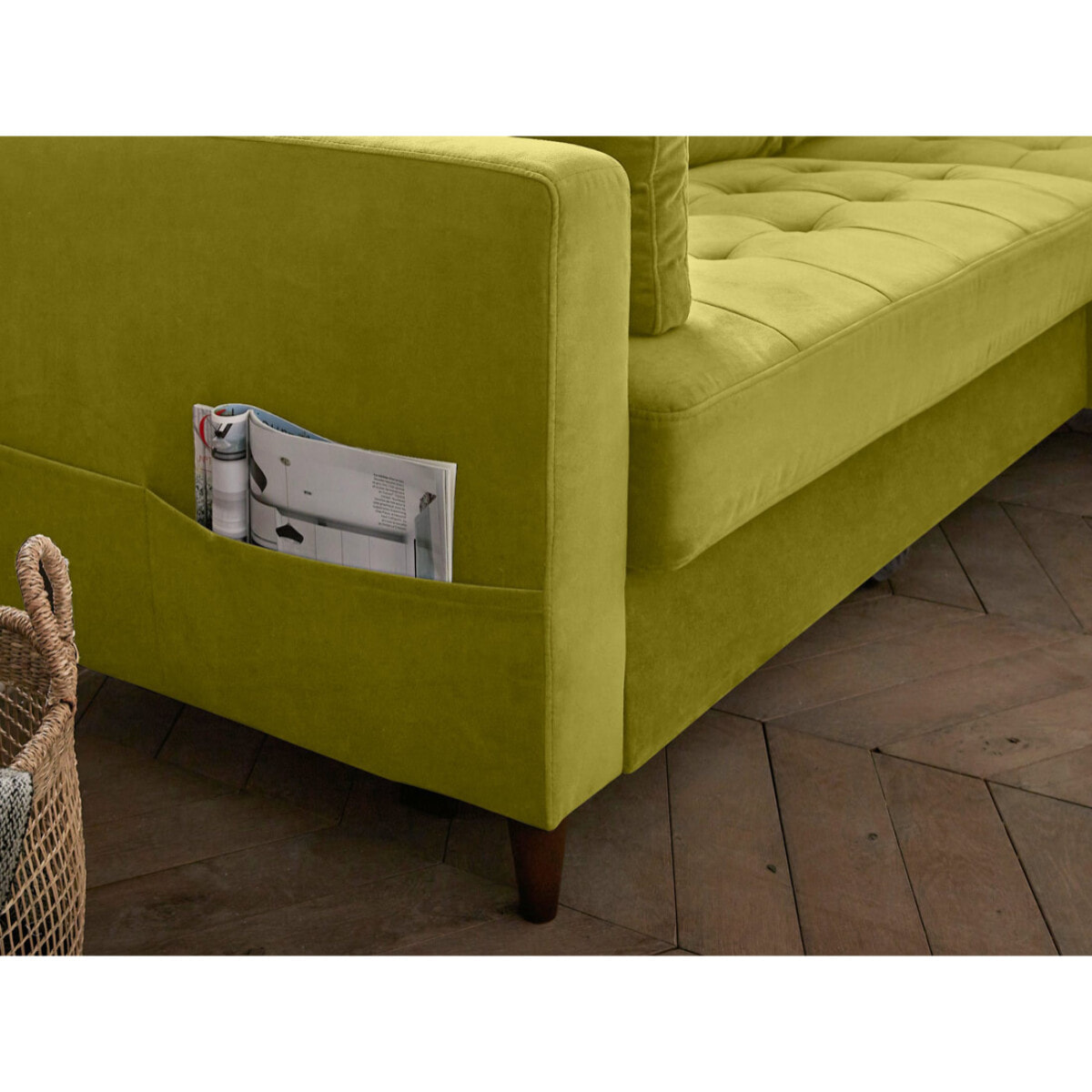 Anna - canapé d'angle droit - 4 places - convertible avec coffre - en velours - Vert Olive