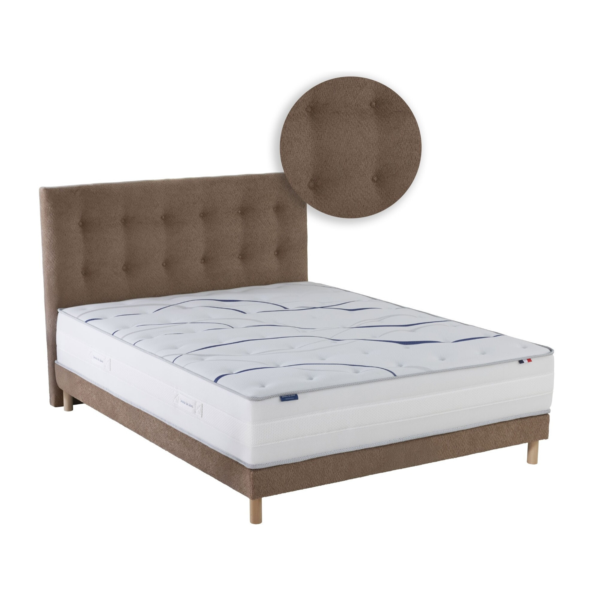 Ensemble matelas mémoire de forme ALTEA avec sommier et tête de lit, chenille bouclettes moka