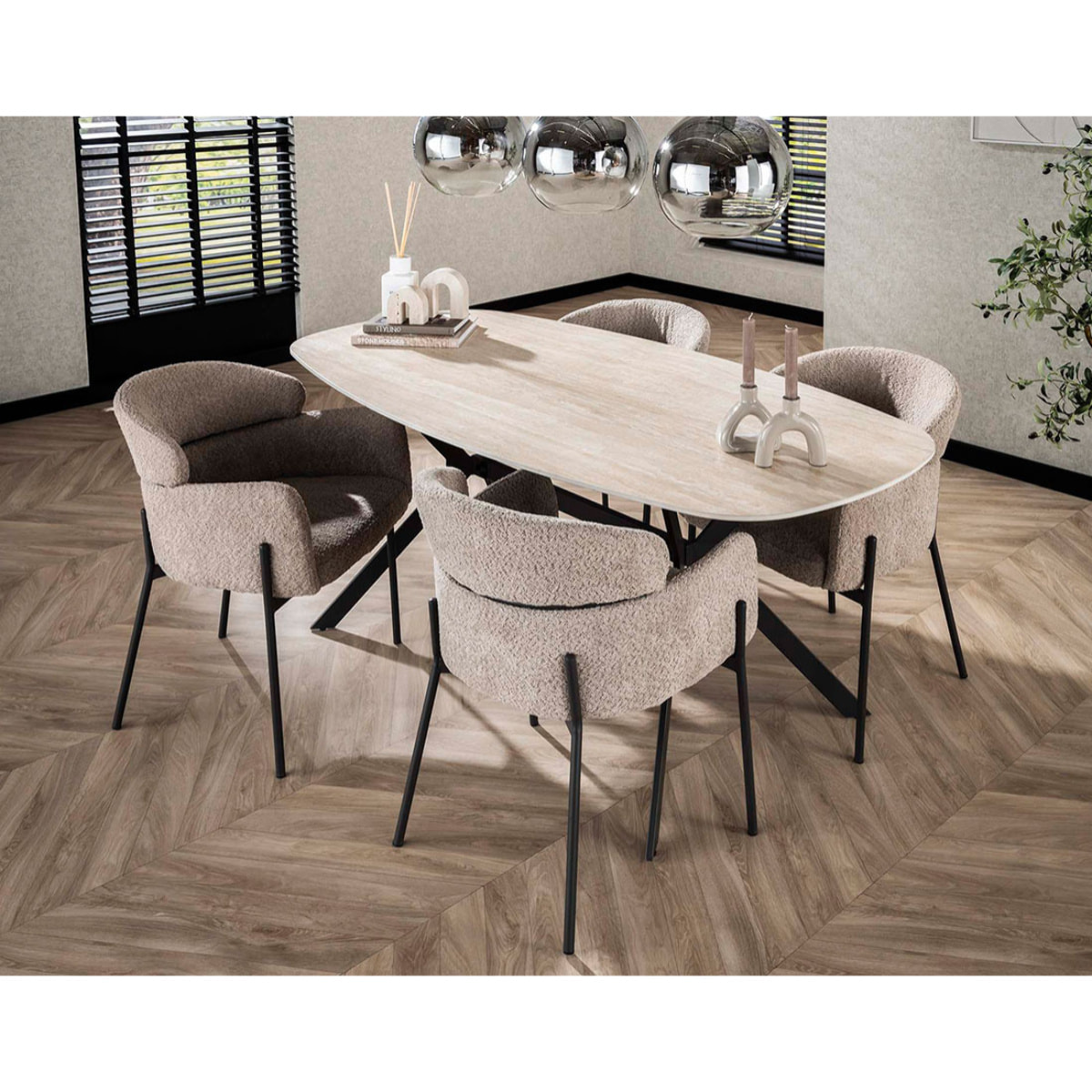 Ruben - table à manger - plateau en céramique effet travertin - pieds en acier - 4 à 6 personnes - Beige / Noir