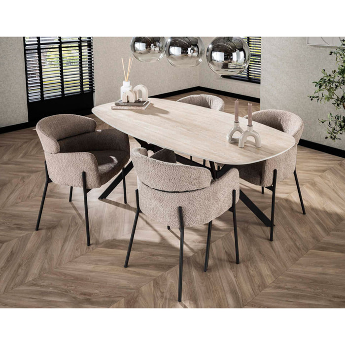 Ruben - table à manger - plateau en céramique effet travertin - pieds en acier - 4 à 6 personnes - Beige / Noir