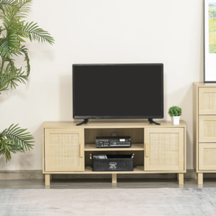 Meuble TV banc TV 2 niches 2 placards porte cannage en rotin dim. 115L x 40l x 48H cm MDF aspect bois clair