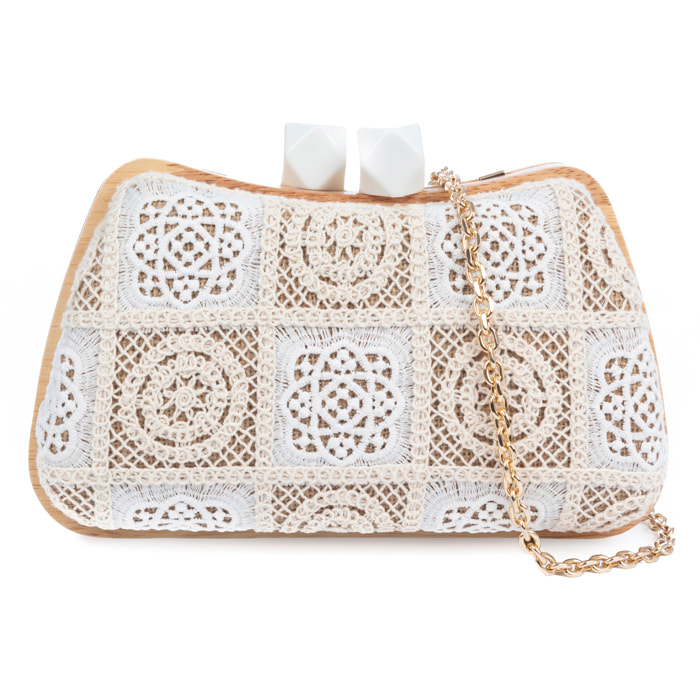 Bonamico Bolso bandolera Mujer. Fabricado en madera natural, algodón y paja trenzada.