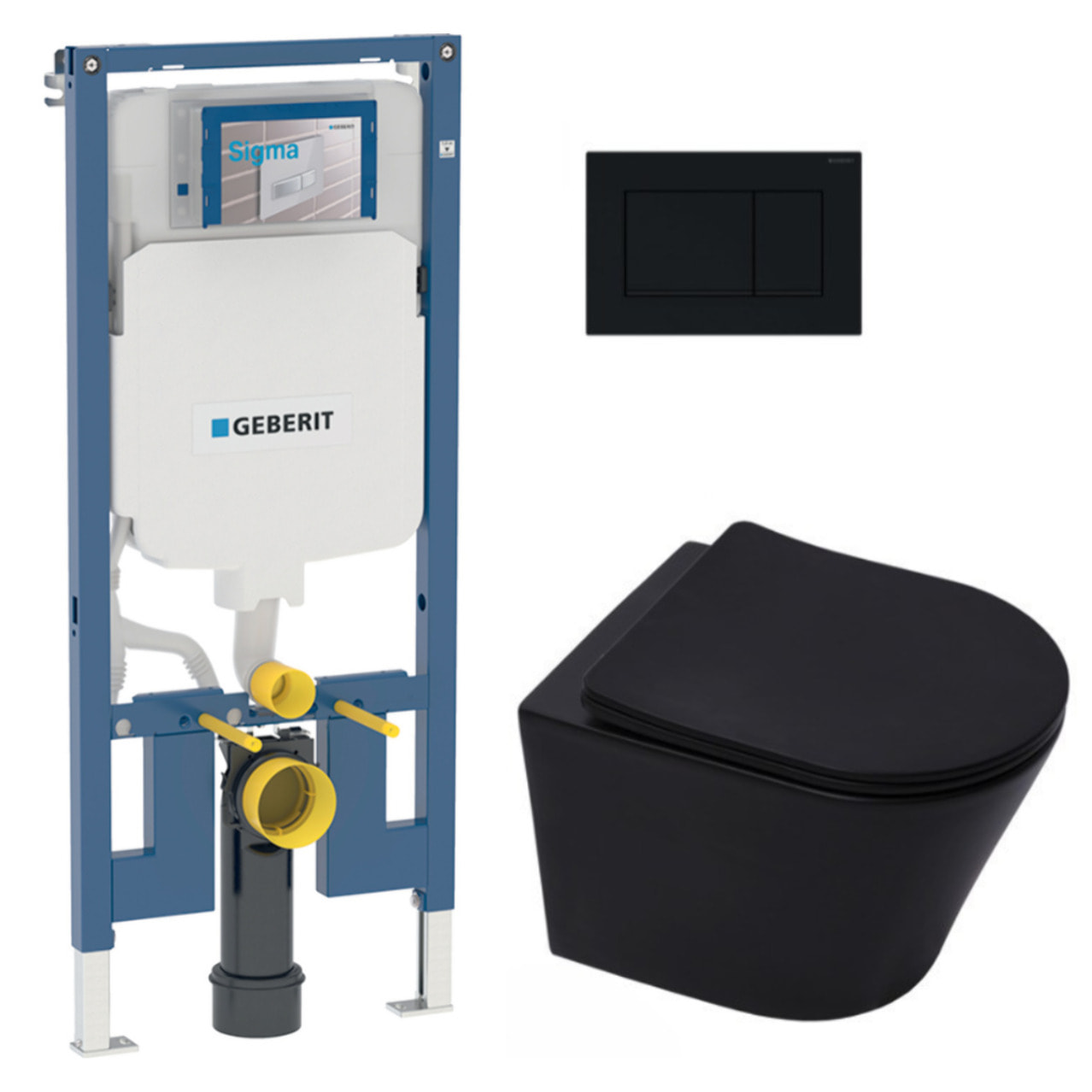Pack WC sans bride Infinitio Noir mat + Abattant softclose slim + Bâti support Geberit Extra-plat UP720 + Plaque Noir brillante