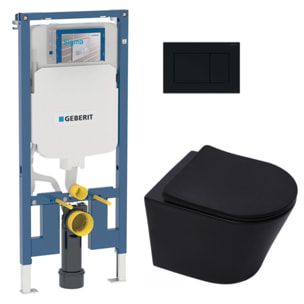 Pack WC sans bride Infinitio Noir mat + Abattant softclose slim + Bâti support Geberit Extra-plat UP720 + Plaque Noir brillante