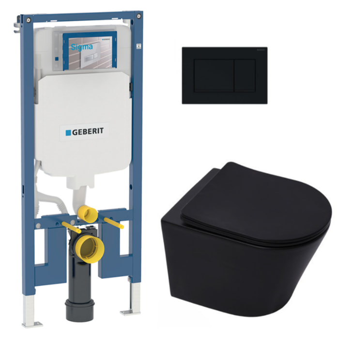 Pack WC sans bride Infinitio Noir mat + Abattant softclose slim + Bâti support Geberit Extra-plat UP720 + Plaque Noir brillante