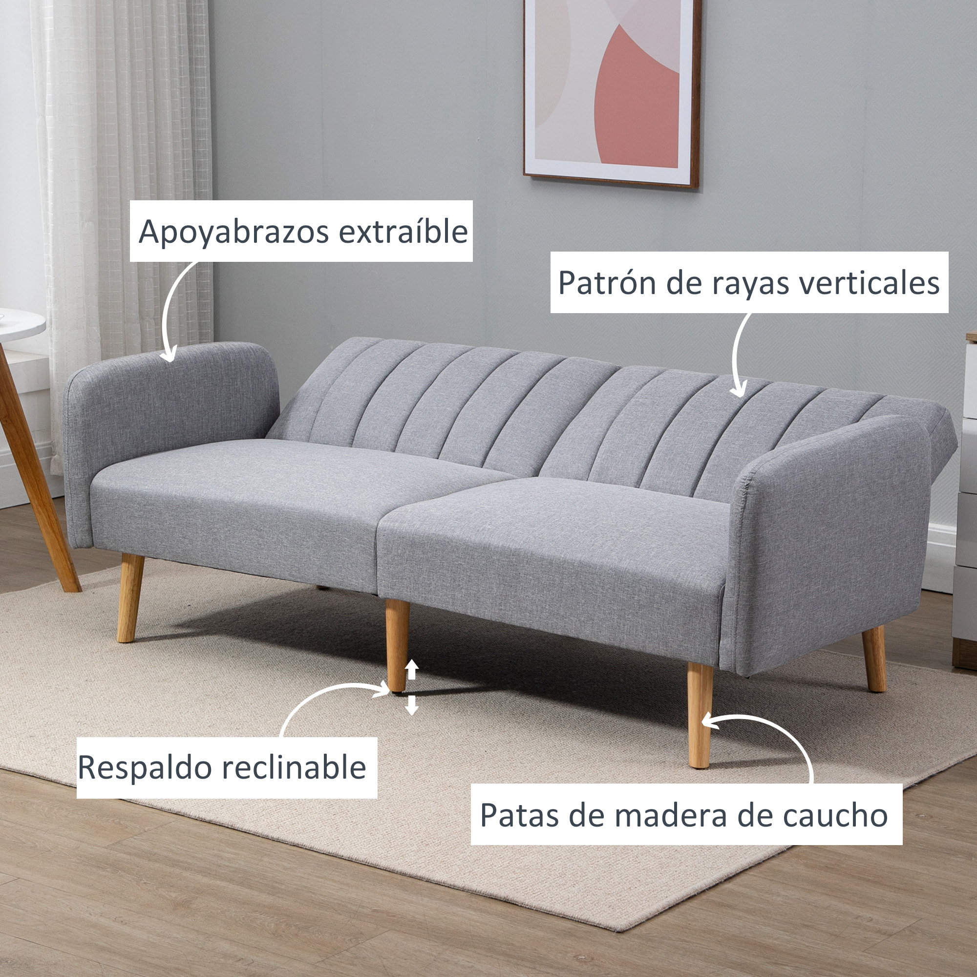 Sofá Cama de 2 Plazas Tela con Respaldo Ajustable en 3 Posiciones Reposabrazos Desmontables y Patas de Madera Sofá Doble Moderno para Salón Oficina 173x75x73 cm Gris