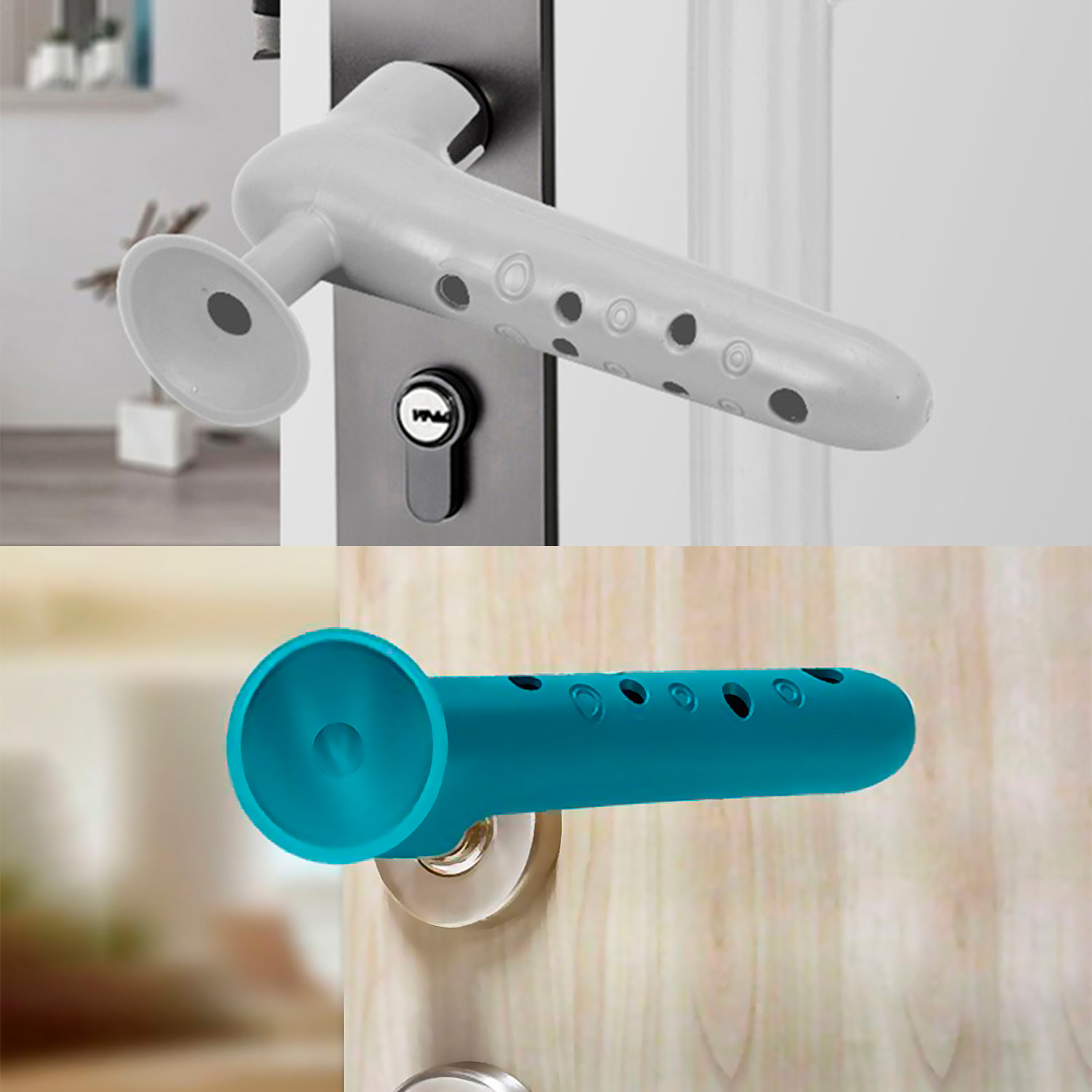 Funda de silicona para manilla de puerta con ventosa trasera que evita golpes y permite mantener la puerta abierta.