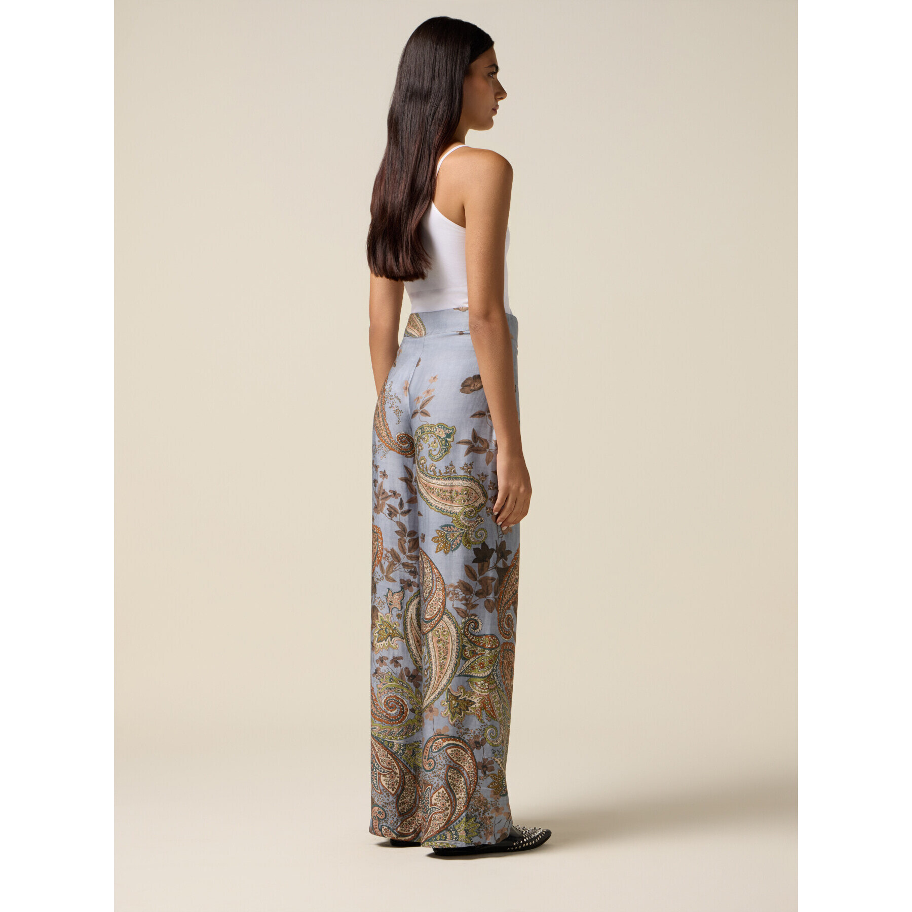 Oltre - Pantalones palazzo de satén estampado - Light - blue